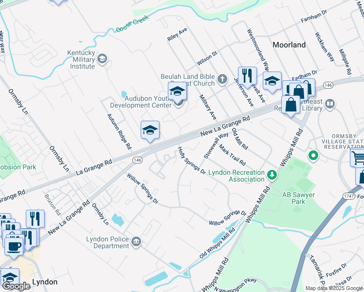 map of restaurants, bars, coffee shops, grocery stores, and more near 9001 Holly Village Court in Louisville