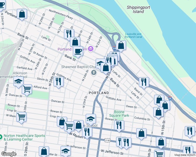 map of restaurants, bars, coffee shops, grocery stores, and more near 2225 Saint Xavier Street in Louisville