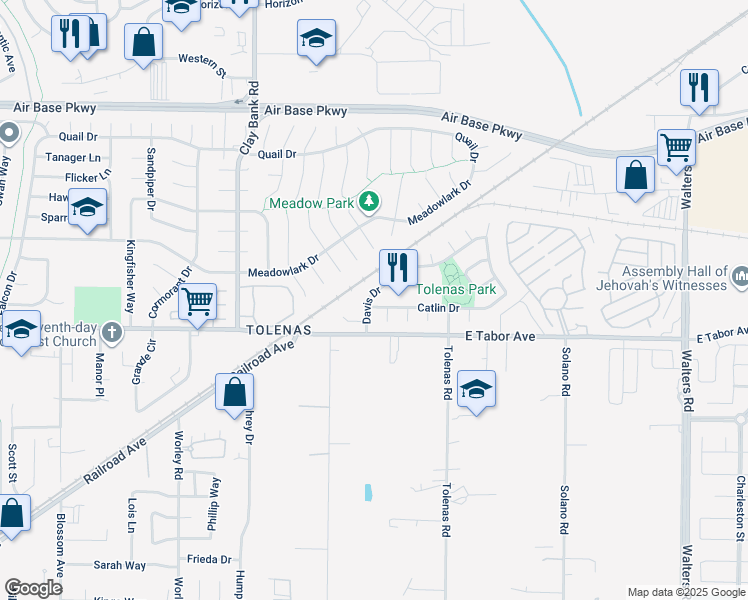 map of restaurants, bars, coffee shops, grocery stores, and more near 2036 Davis Drive in Fairfield