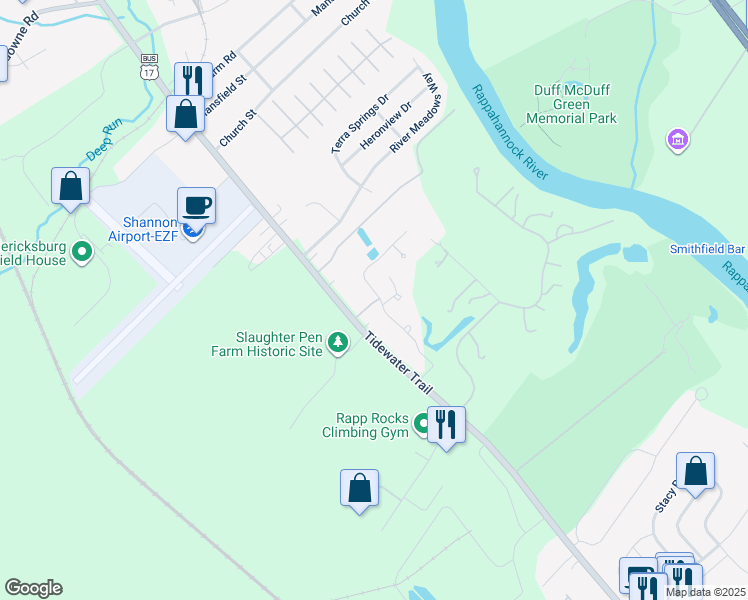 map of restaurants, bars, coffee shops, grocery stores, and more near 11302 Mansfield Club Drive in Fredericksburg