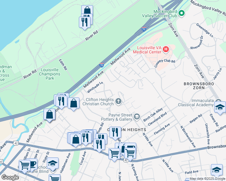 map of restaurants, bars, coffee shops, grocery stores, and more near 38 Warren Road in Louisville
