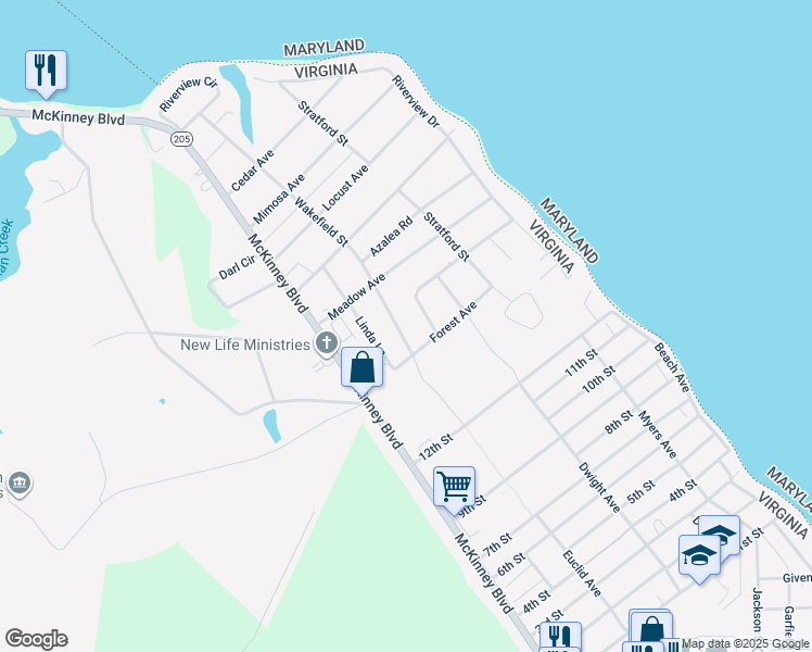 map of restaurants, bars, coffee shops, grocery stores, and more near 2806 Wakefield Street in Colonial Beach