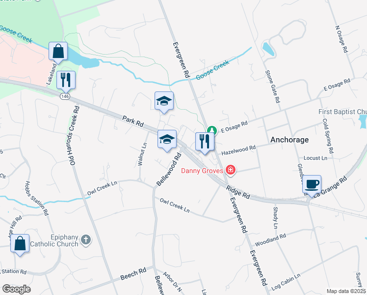 map of restaurants, bars, coffee shops, grocery stores, and more near 11405 Park Road in Anchorage