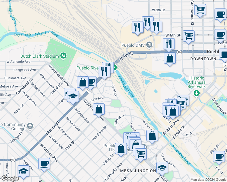 map of restaurants, bars, coffee shops, grocery stores, and more near 557 Pearl Street in Pueblo