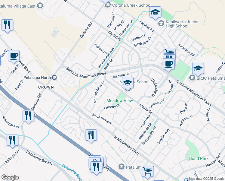 map of restaurants, bars, coffee shops, grocery stores, and more near 26 Dupree Court in Petaluma