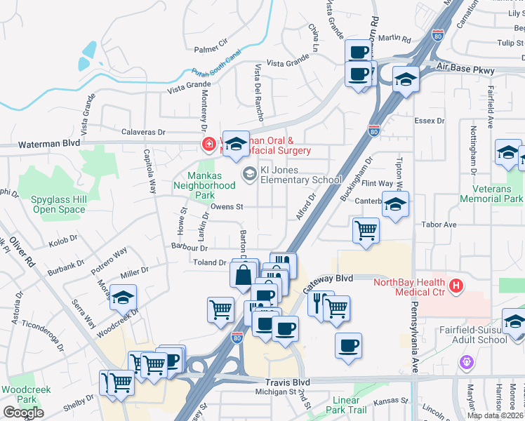 map of restaurants, bars, coffee shops, grocery stores, and more near 1899 Winston Court in Fairfield