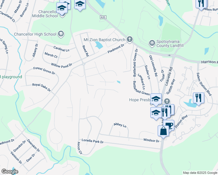 map of restaurants, bars, coffee shops, grocery stores, and more near 6015 Sunny Meadows Drive in Fredericksburg