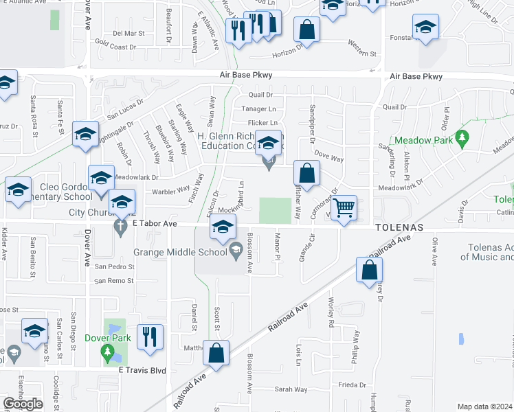 map of restaurants, bars, coffee shops, grocery stores, and more near 1061 Mockingbird Court in Fairfield