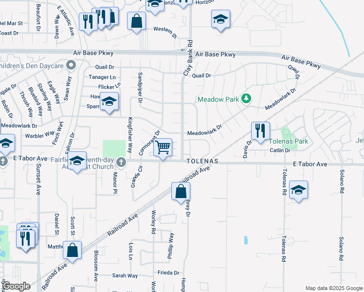 map of restaurants, bars, coffee shops, grocery stores, and more near 2054 Clay Bank Road in Fairfield