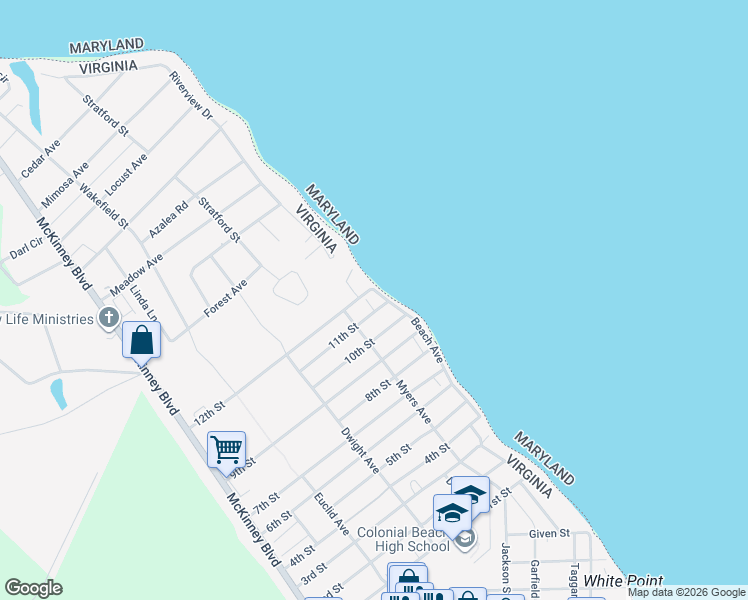 map of restaurants, bars, coffee shops, grocery stores, and more near 2006 Beach Avenue in Colonial Beach