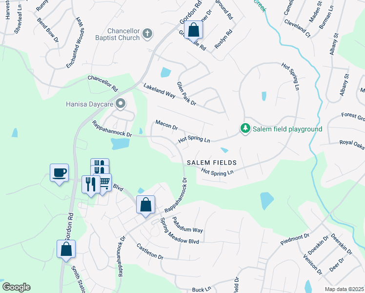 map of restaurants, bars, coffee shops, grocery stores, and more near 11102 Trinity Lane in Fredericksburg