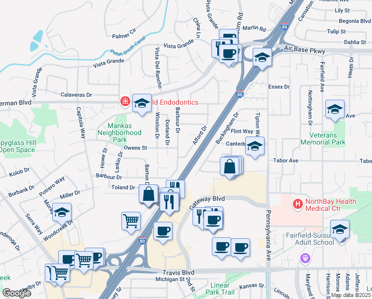 map of restaurants, bars, coffee shops, grocery stores, and more near 1737 Alford Drive in Fairfield
