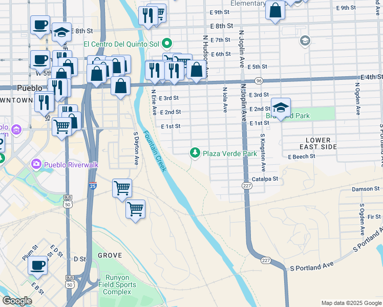 map of restaurants, bars, coffee shops, grocery stores, and more near 298 South Glendale Avenue in Pueblo