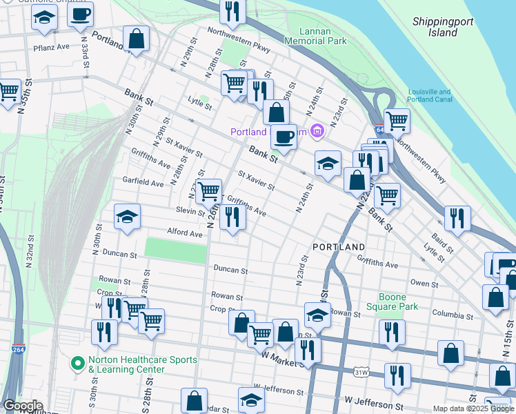 map of restaurants, bars, coffee shops, grocery stores, and more near 421 North 25th Street in Louisville
