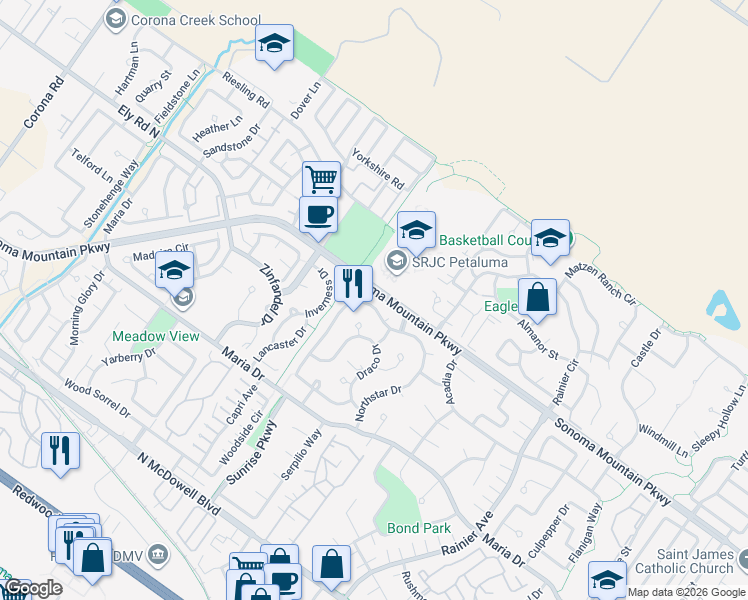 map of restaurants, bars, coffee shops, grocery stores, and more near 1722 Northstar Drive in Petaluma