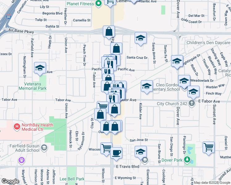 map of restaurants, bars, coffee shops, grocery stores, and more near 2026 North Texas Street in Fairfield