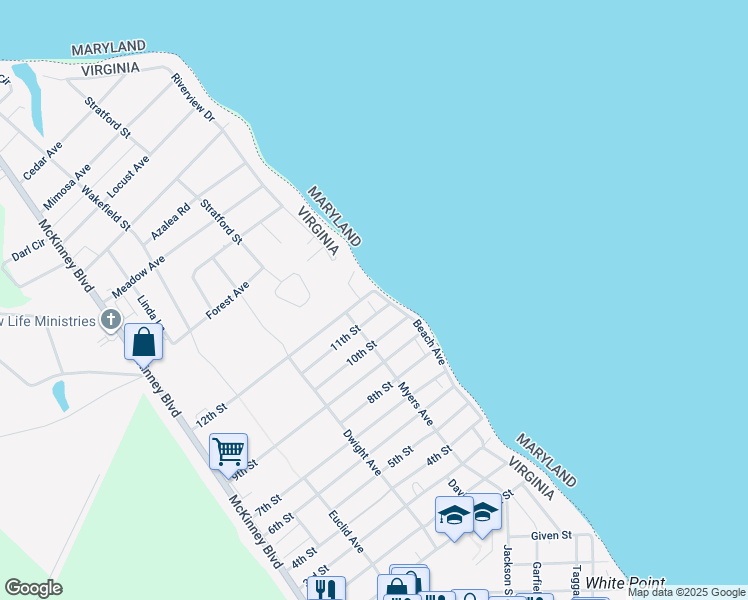 map of restaurants, bars, coffee shops, grocery stores, and more near 2010 Beach Avenue in Colonial Beach