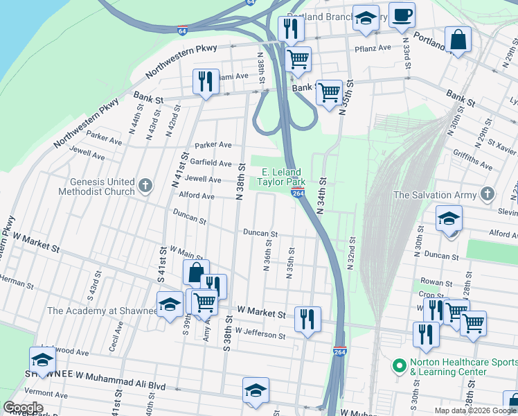 map of restaurants, bars, coffee shops, grocery stores, and more near 222 North 37th Street in Louisville