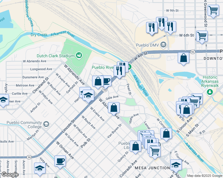 map of restaurants, bars, coffee shops, grocery stores, and more near 624 West Corona Avenue in Pueblo