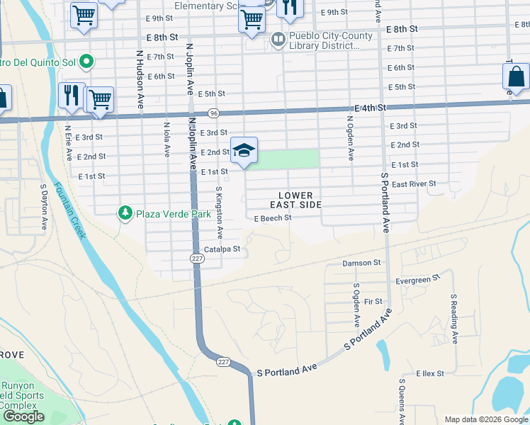 map of restaurants, bars, coffee shops, grocery stores, and more near 1330 East Ash Street in Pueblo