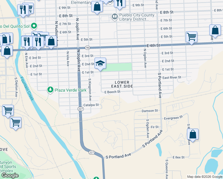 map of restaurants, bars, coffee shops, grocery stores, and more near 1330 East Ash Street in Pueblo