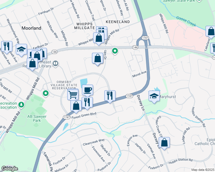 map of restaurants, bars, coffee shops, grocery stores, and more near 9999 Corporate Campus Drive in Louisville