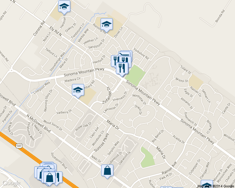 map of restaurants, bars, coffee shops, grocery stores, and more near 710 Riesling Court in Petaluma