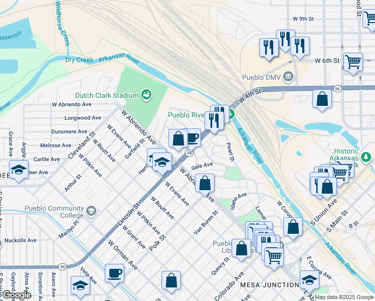 map of restaurants, bars, coffee shops, grocery stores, and more near 702 Wilson Avenue in Pueblo