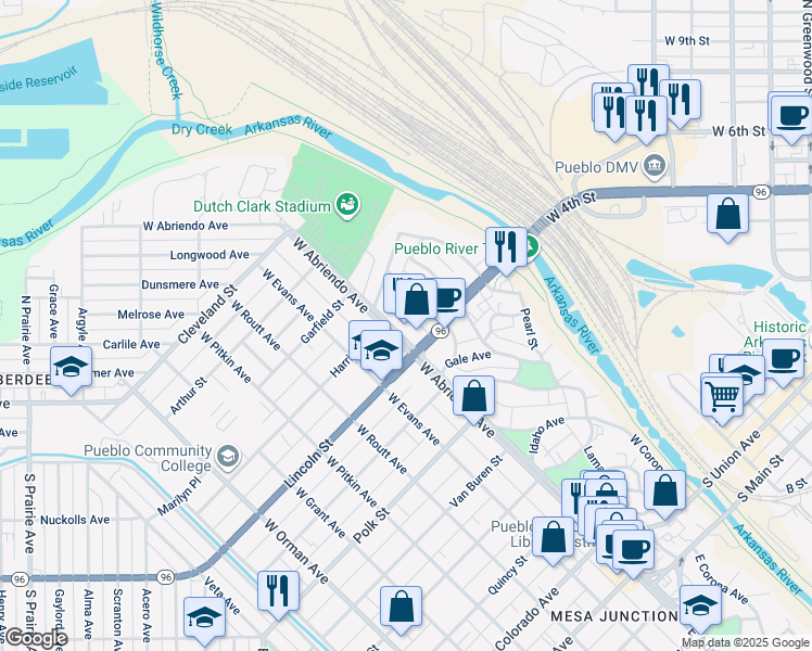 map of restaurants, bars, coffee shops, grocery stores, and more near 743 West Abriendo Avenue in Pueblo