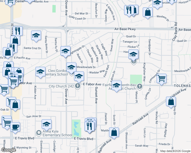 map of restaurants, bars, coffee shops, grocery stores, and more near 812 Finch Way in Fairfield