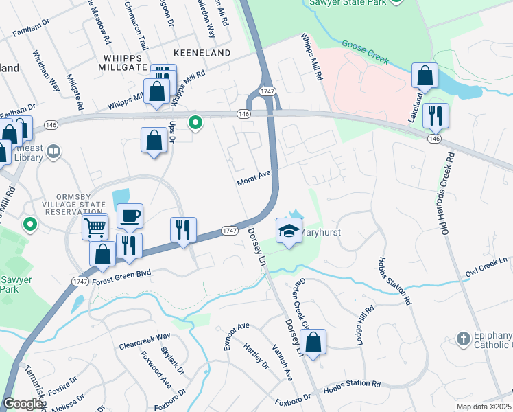 map of restaurants, bars, coffee shops, grocery stores, and more near 1105 Dorsey Lane in Louisville