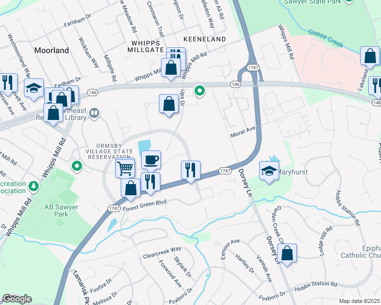 map of restaurants, bars, coffee shops, grocery stores, and more near 9995-9999 Corporate Campus Drive in Louisville