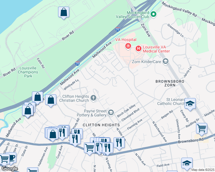 map of restaurants, bars, coffee shops, grocery stores, and more near 52 Lake Avenue in Louisville