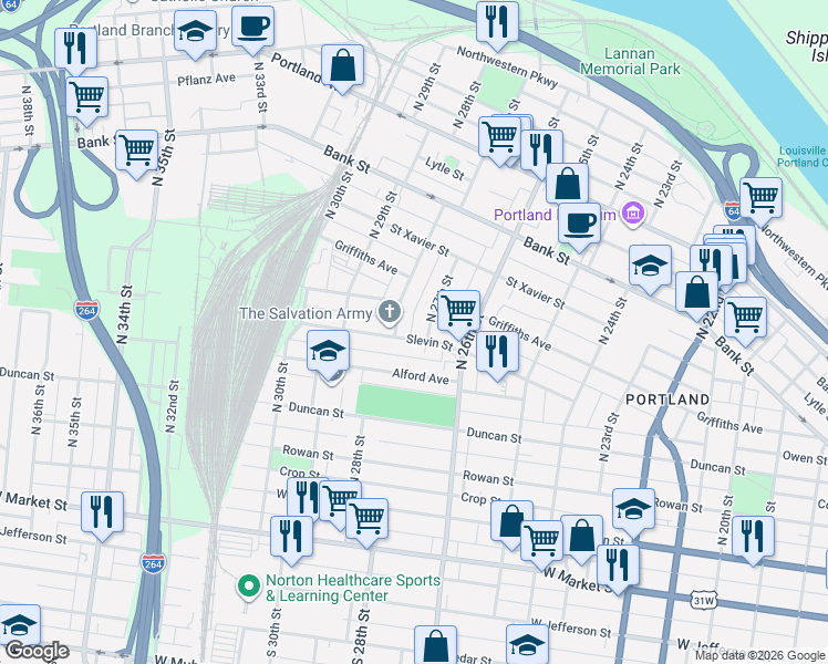 map of restaurants, bars, coffee shops, grocery stores, and more near 2723 Slevin Street in Louisville