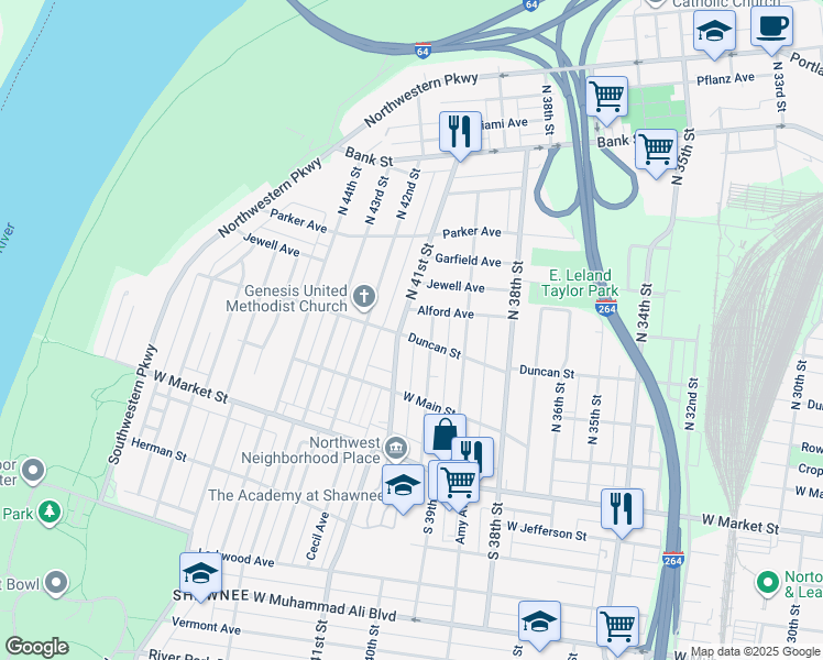 map of restaurants, bars, coffee shops, grocery stores, and more near 307 North 41st Street in Louisville