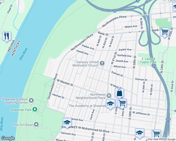 map of restaurants, bars, coffee shops, grocery stores, and more near 118a North 44th Street in Louisville