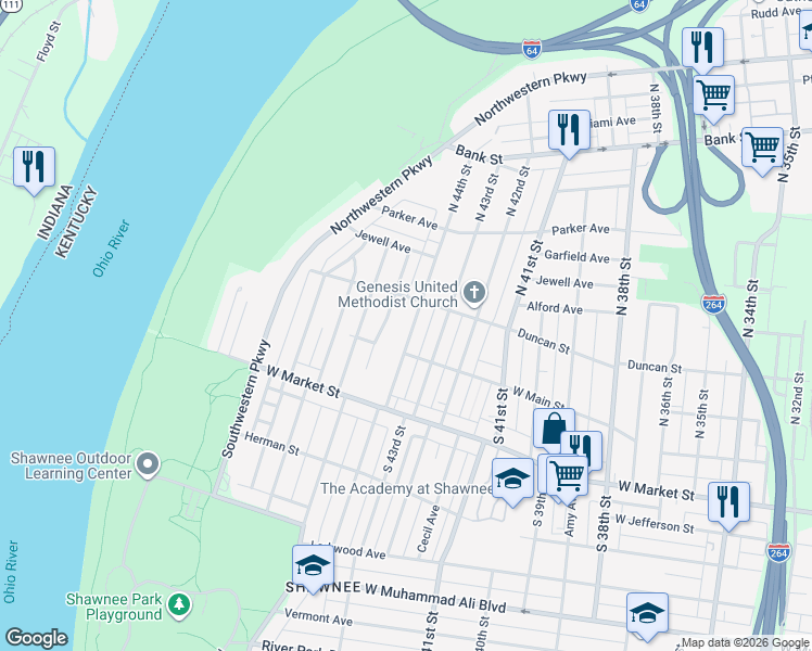 map of restaurants, bars, coffee shops, grocery stores, and more near 118a North 44th Street in Louisville