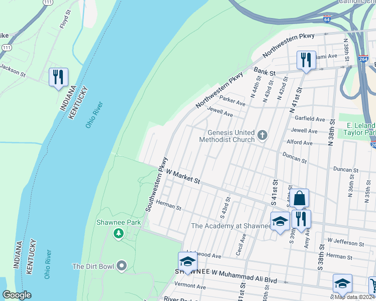 map of restaurants, bars, coffee shops, grocery stores, and more near 101 North Longworth Avenue in Louisville