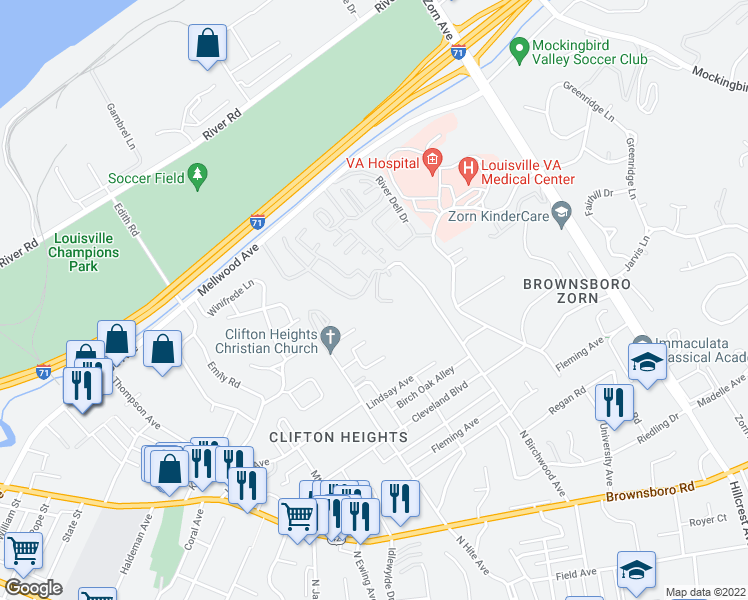 map of restaurants, bars, coffee shops, grocery stores, and more near 52 Lake Avenue in Louisville