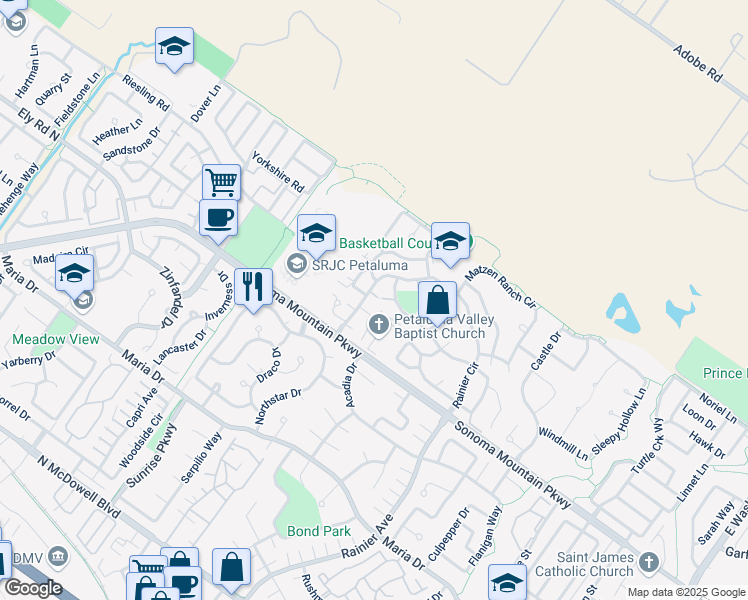 map of restaurants, bars, coffee shops, grocery stores, and more near 1908 Alpine Court in Petaluma