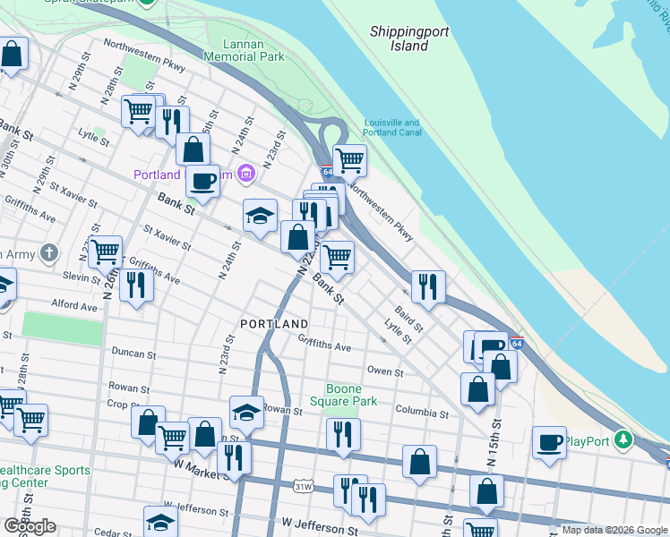 map of restaurants, bars, coffee shops, grocery stores, and more near 2022 Lytle Street in Louisville