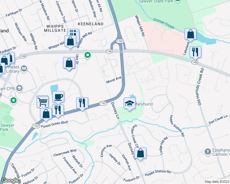 map of restaurants, bars, coffee shops, grocery stores, and more near 1105 Dorsey Lane in Louisville