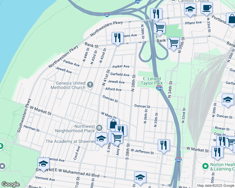 map of restaurants, bars, coffee shops, grocery stores, and more near 222 North 39th Street in Louisville