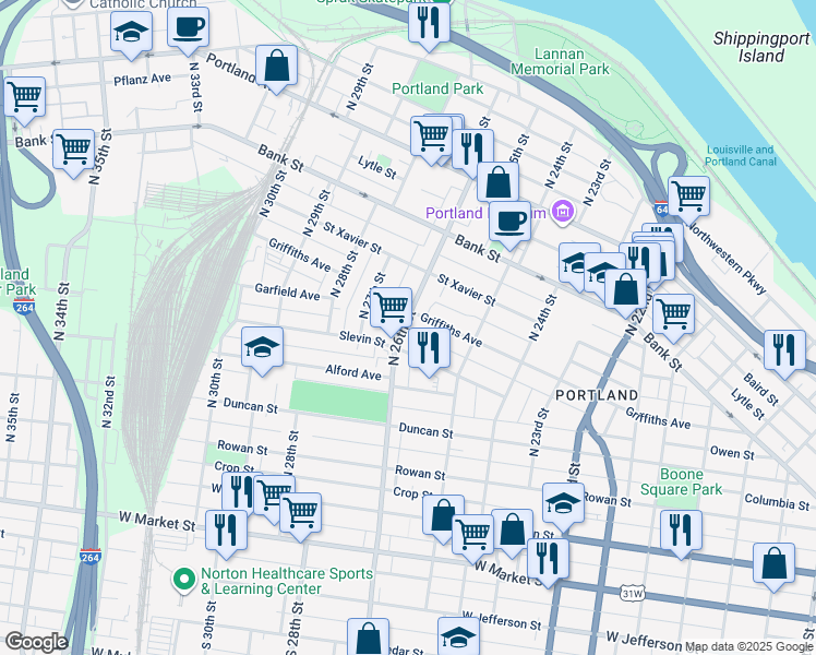 map of restaurants, bars, coffee shops, grocery stores, and more near 377 North 26th Street in Louisville