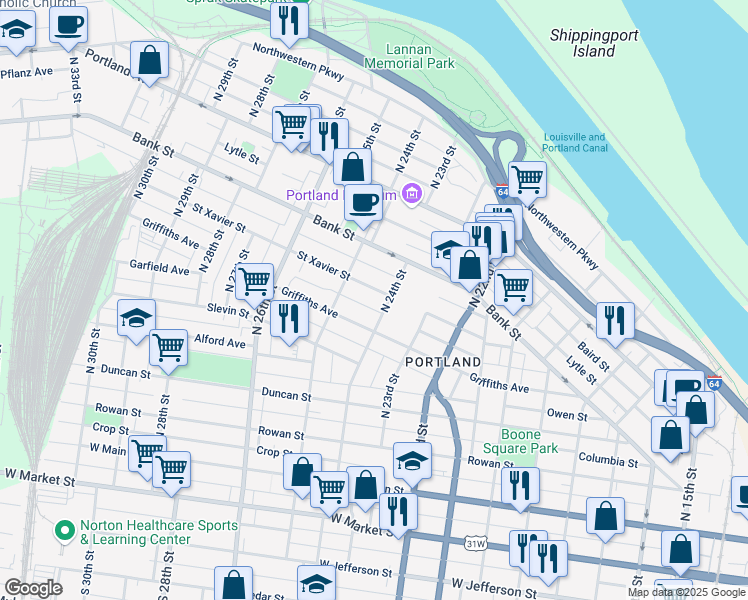 map of restaurants, bars, coffee shops, grocery stores, and more near 2410 Saint Xavier Street in Louisville