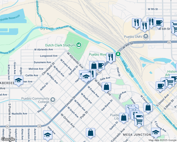 map of restaurants, bars, coffee shops, grocery stores, and more near 743 West Abriendo Avenue in Pueblo