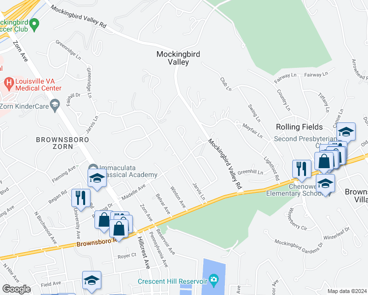 map of restaurants, bars, coffee shops, grocery stores, and more near 404 Mockingbird Hill Road in Louisville