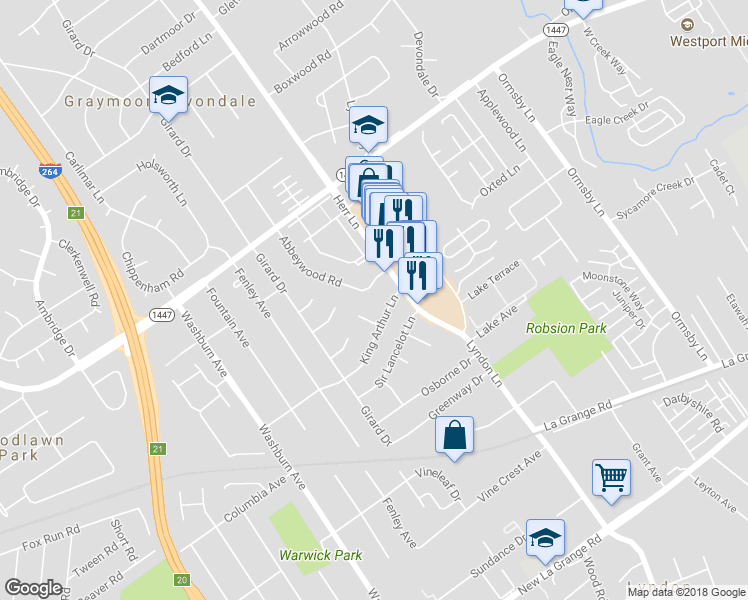 map of restaurants, bars, coffee shops, grocery stores, and more near 1108 Abbeywood Road in Louisville
