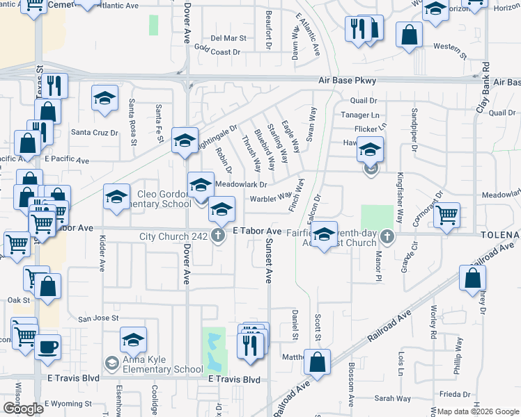 map of restaurants, bars, coffee shops, grocery stores, and more near 812 Finch Way in Fairfield