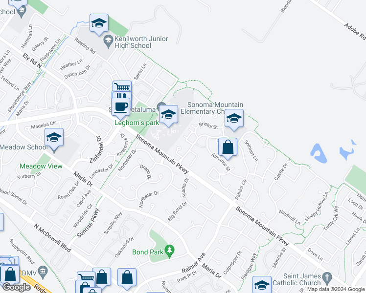 map of restaurants, bars, coffee shops, grocery stores, and more near 552 Danby Court in Petaluma